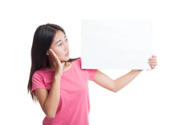 Young Asian woman  surprise with  white blank sign. — Stock Photo, Image