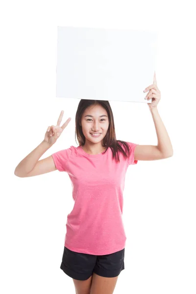 Young Asian woman show victory sign with blank sign. — Stock Photo, Image