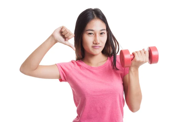 Infeliz asiático mujer pulgares abajo con dumbbells . — Foto de Stock