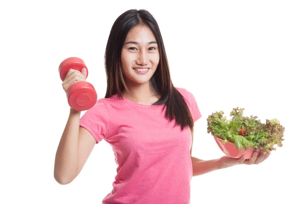 Healthy Asian woman with dumbbells and salad. — Stock Photo, Image