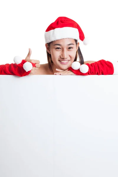 Asiatico Natale Babbo Natale ragazza pollice in su con segno bianco . — Foto Stock