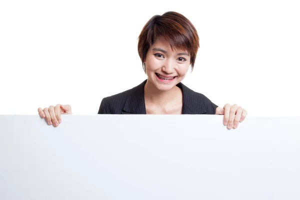 Young Asian woman with blank sign. — Stock Photo, Image