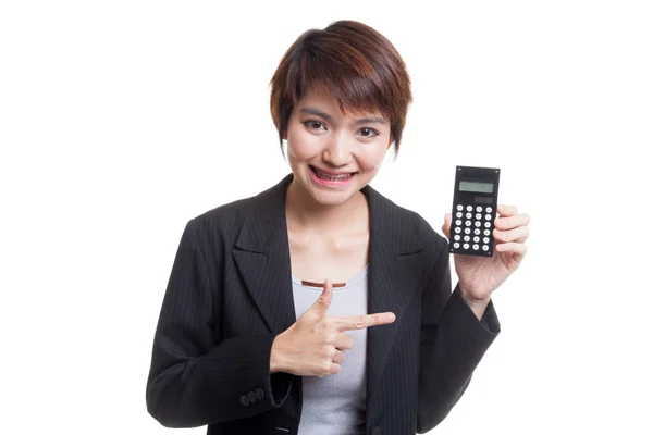 Asian business woman point to  calculator. — Stock Photo, Image