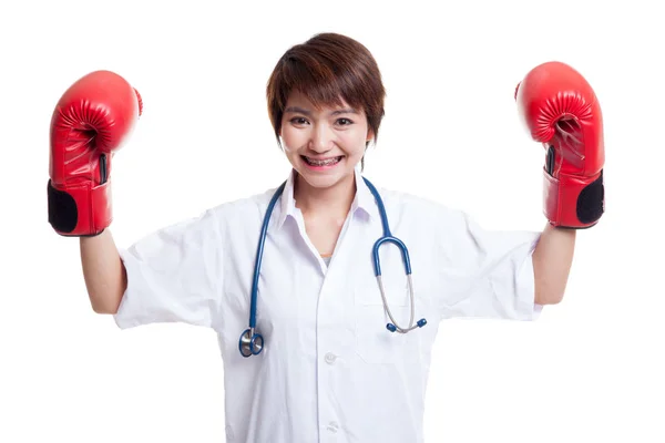 Young Asian female doctor guard with boxing glove. — Stock Photo, Image