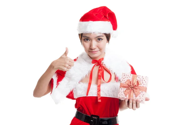 Asiático Navidad santa claus chica pulgares arriba con regalo caja . — Foto de Stock