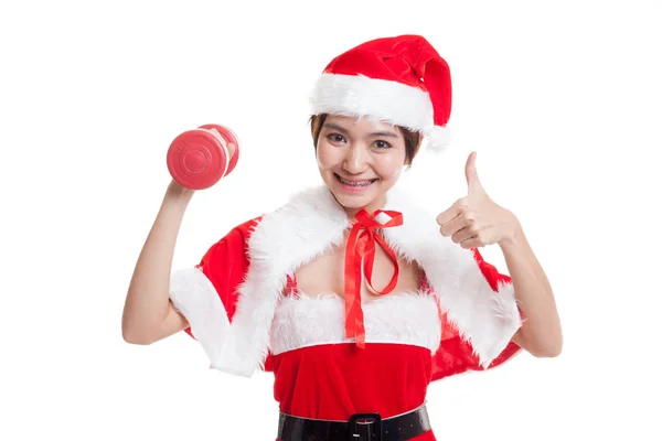 Asian Christmas Santa Claus girl  thumbs up with  red dumbbell. — Stock Photo, Image