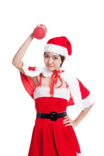 Menina asiática de Natal com roupas de Papai Noel e halteres vermelhos . — Fotografia de Stock