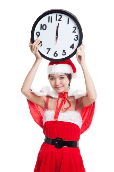 Asian Christmas Santa Claus girl  and clock at midnight. — Stock Photo, Image