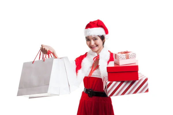 Asian Christmas Santa Claus girl with shopping bags and gift. — Stock Photo, Image
