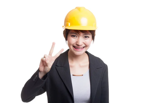 Asian engineer woman show Victory sign. — Stock Photo, Image