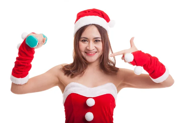 Dziewczyna azjatyckich Boże Narodzenie Santa Claus wskaż czerwony hantle. — Zdjęcie stockowe