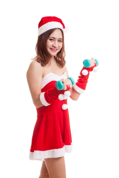 Asiatique fille de Noël avec Santa Claus vêtements et haltères rouges . — Photo