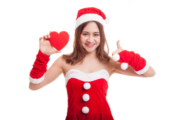 Asiático Navidad santa claus chica pulgares arriba con rojo corazón . —  Fotos de Stock