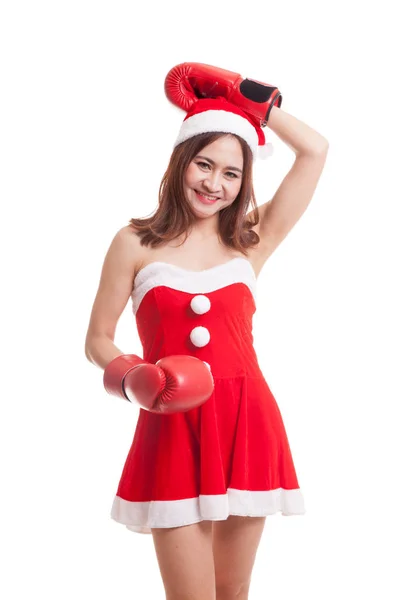 Dziewczyna azjatyckich Boże Narodzenie Santa Claus z rękawic bokserskich. — Zdjęcie stockowe