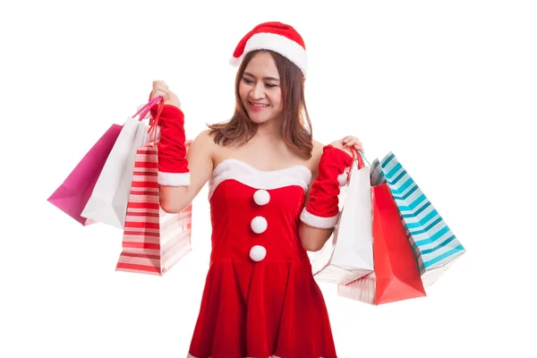 Asiática Navidad Santa Claus chica con bolsas de compras . —  Fotos de Stock