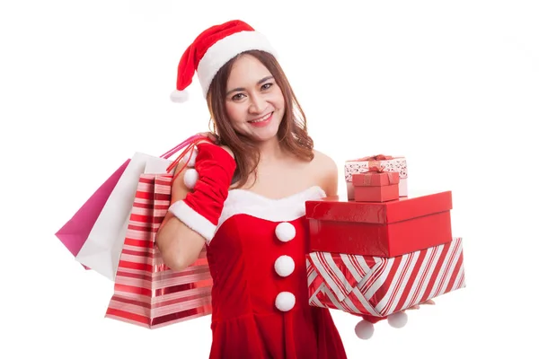 Asiática Navidad Santa Claus chica con bolsas de compras y regalo . — Foto de Stock