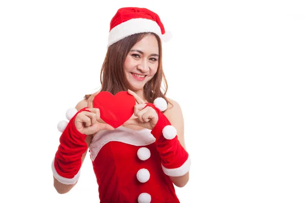 Asijské vánoční Santa Claus dívka s červeným srdcem. — Stock fotografie