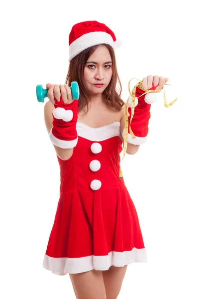 Asiatische Weihnachten Weihnachtsmann Mädchen mit Maßband und Dumbbel — Stockfoto