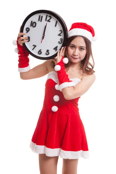 Asiatische Weihnachten Weihnachtsmann Mädchen und Uhr um Mitternacht. — Stockfoto