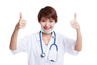 Genç Asyalı kadın doktor Haritayı iki başparmak yukarıya.