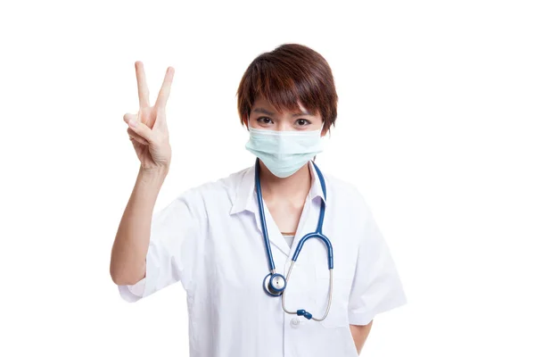 Young Asian female doctor show victory sign. — Stock Photo, Image