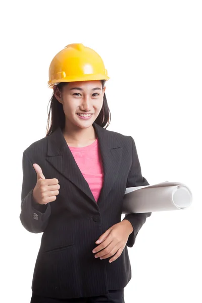 Asiática ingeniero mujer con planos mostrar pulgares arriba . — Foto de Stock