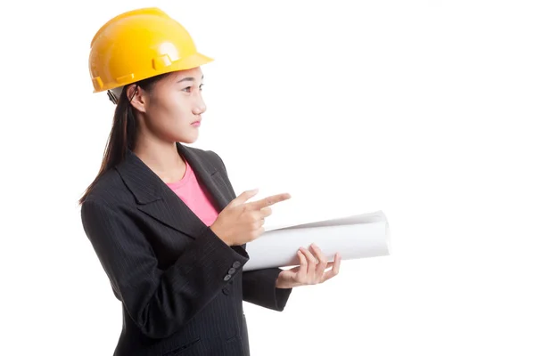 Asian engineer woman pointing with blueprints. — Stock Photo, Image