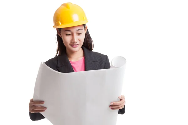 Asian engineer woman with blueprints. — Stock Photo, Image