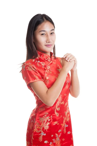Asian girl in chinese cheongsam dress with gesture of congratula — Stock Photo, Image