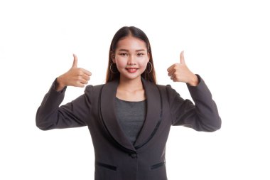 Genç Asyalı iş kadını iki başparmak sırıtmak.