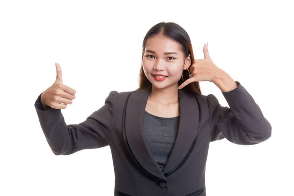 Young Asian woman thumbs up show with phone gesture. — Stock Photo, Image