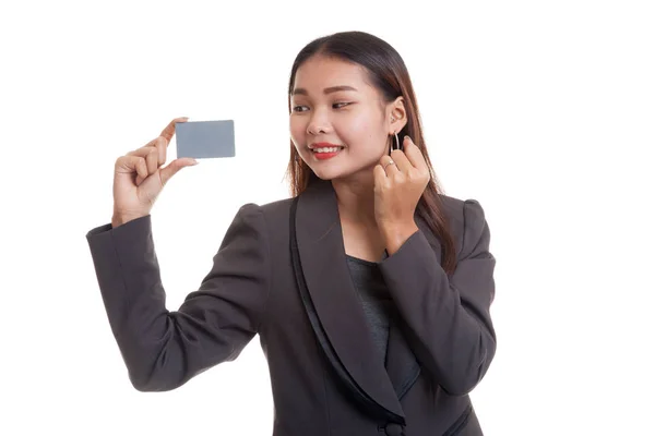 Happy young Asian business woman with a blank card. — Stock Photo, Image