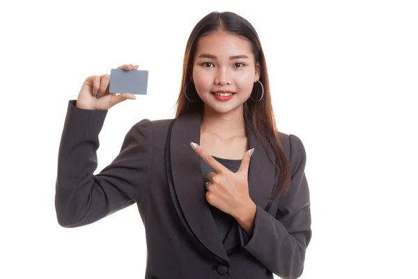 Young Asian business woman point to a blank card. — Stock Photo, Image