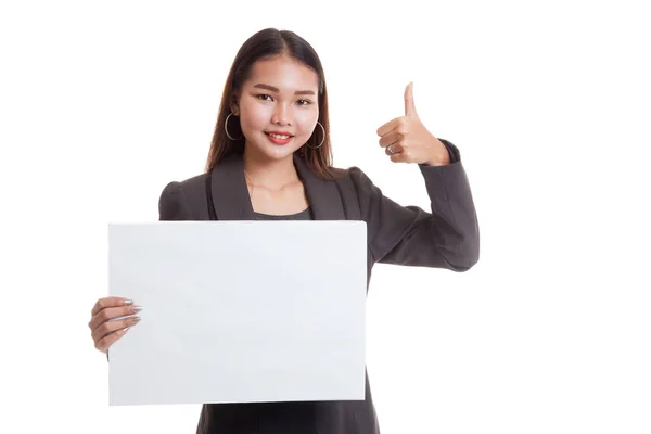Giovane asiatico affari donna spettacolo pollice su con bianco vuoto segno — Foto Stock