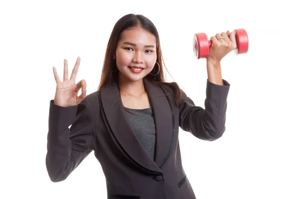 Healthy Asian business woman show OK with dumbbells. — Stock Photo, Image