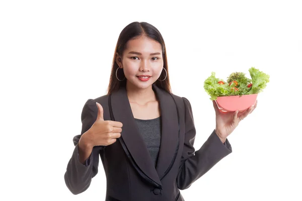 Sağlıklı bir Asya iş kadın başparmak yukarıya salata ile. — Stok fotoğraf