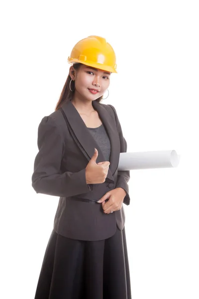 Asiática ingeniero mujer con planos mostrar pulgares arriba . — Foto de Stock