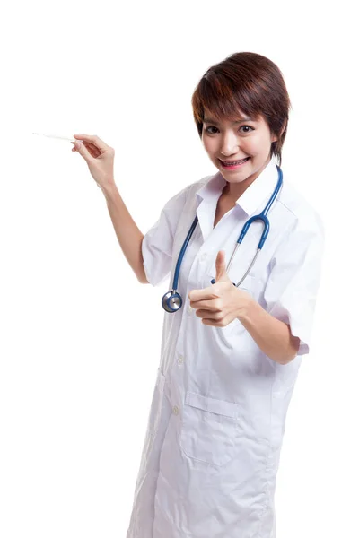 Young Asian female doctor thumbs up  with thermometer. — Stock Photo, Image