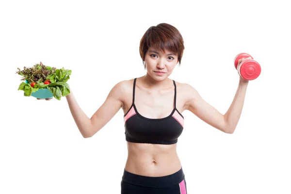 Beautiful Asian healthy girl with dumbbell and salad. — Stock Photo, Image