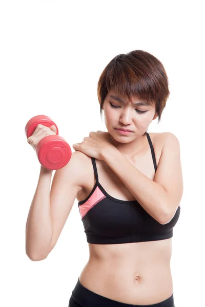 Asian healthy girl got shoulder pain with dumbbell. — Stock Photo, Image