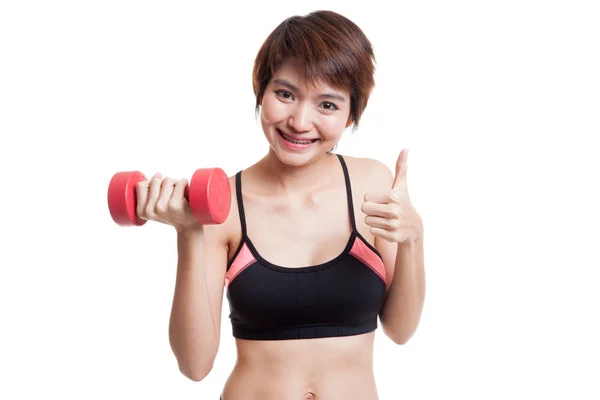 Hermosa asiática saludable chica pulgares arriba con dumbbell . — Foto de Stock