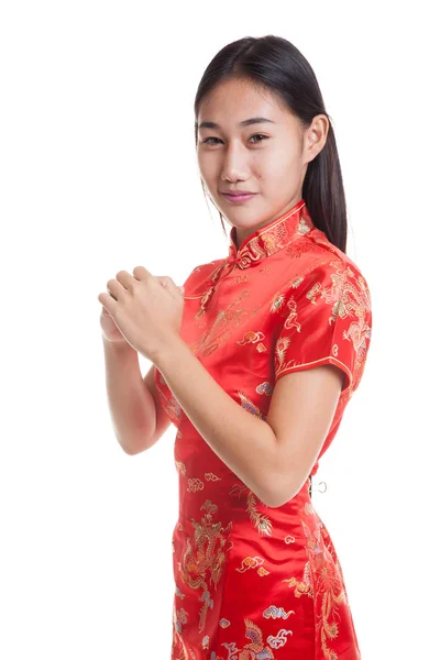 Asian girl in chinese cheongsam dress with gesture of congratula — Stock Photo, Image