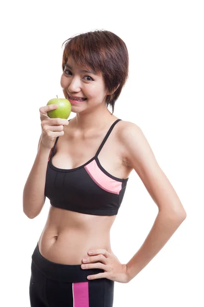 Krásná Asiatka zdravé s červené jablko. — Stock fotografie