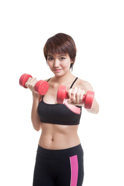 Beautiful Asian healthy girl exercise with dumbbell. — Stock Photo, Image