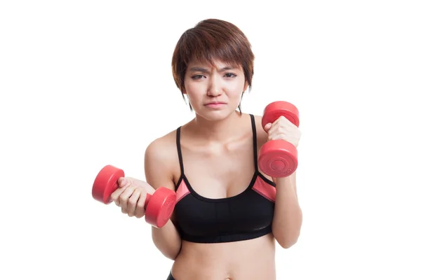 Tired Asian healthy girl exercise with dumbbell. — Stock Photo, Image