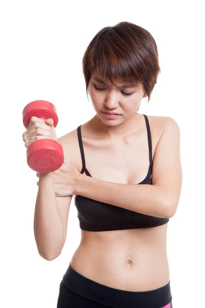 Asian healthy girl got arm pain with dumbbell. — Stock Photo, Image