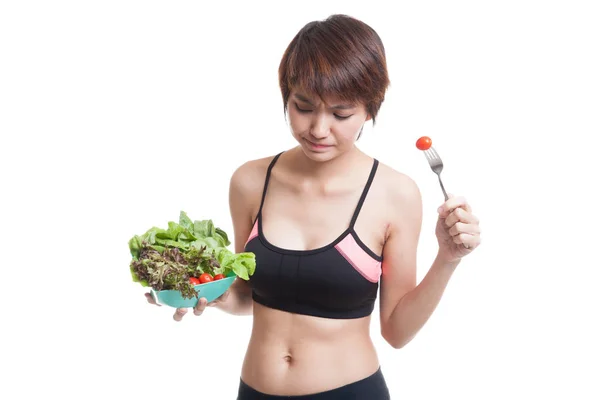 Infelice asiatico sano ragazza mangiare insalata . — Foto Stock