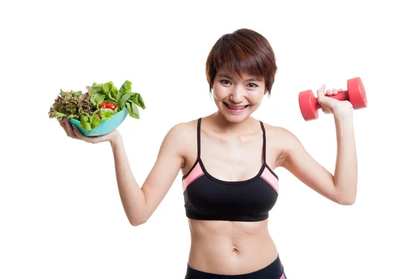 Menina saudável asiática bonita com haltere e salada . — Fotografia de Stock