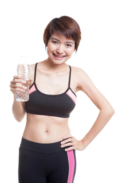 Beautiful Asian healthy girl with bottle of drinking water. — Stock Photo, Image