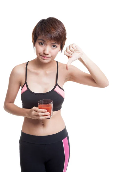 Hermosa sano asiático chica odio tomate jugo pulgares abajo . —  Fotos de Stock